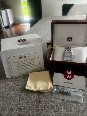 Michele Silver Stainless Steel Diamond-Accent Square Chronograph Watch